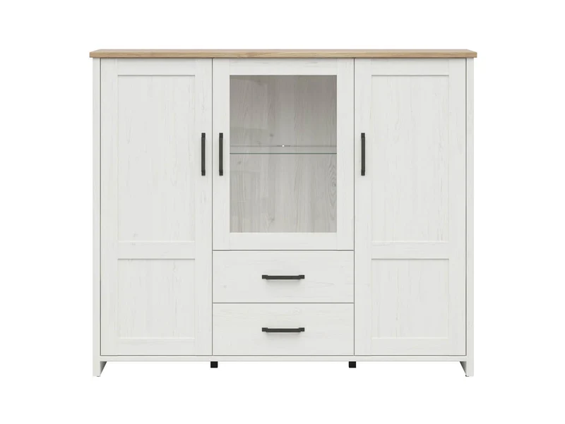 Loksa Display Cabinet 160 cm – Andersen Pine White & Grandson Oak, 2 Drawers, LED Lighting
