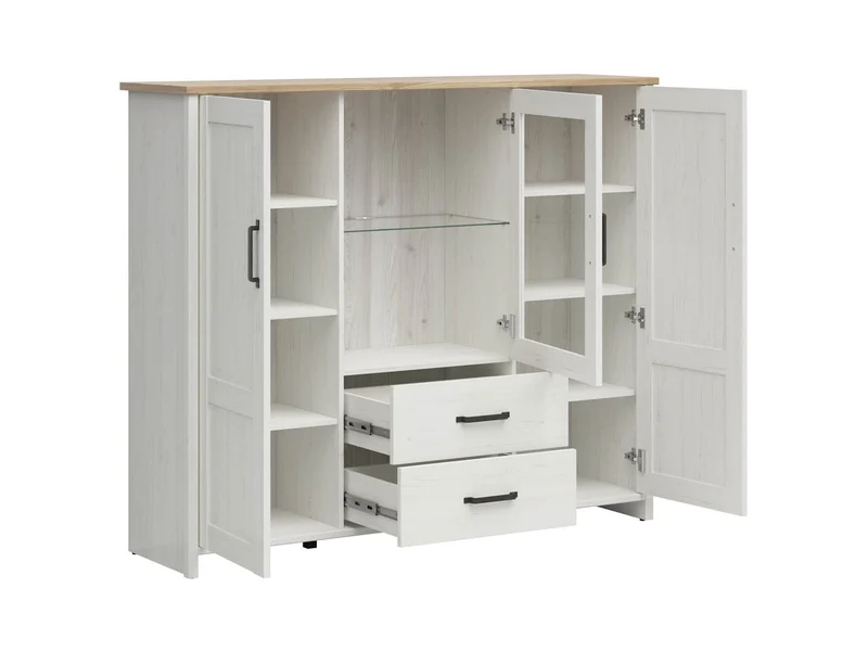 Loksa Display Cabinet 160 cm – Andersen Pine White & Grandson Oak, 2 Drawers, LED Lighting