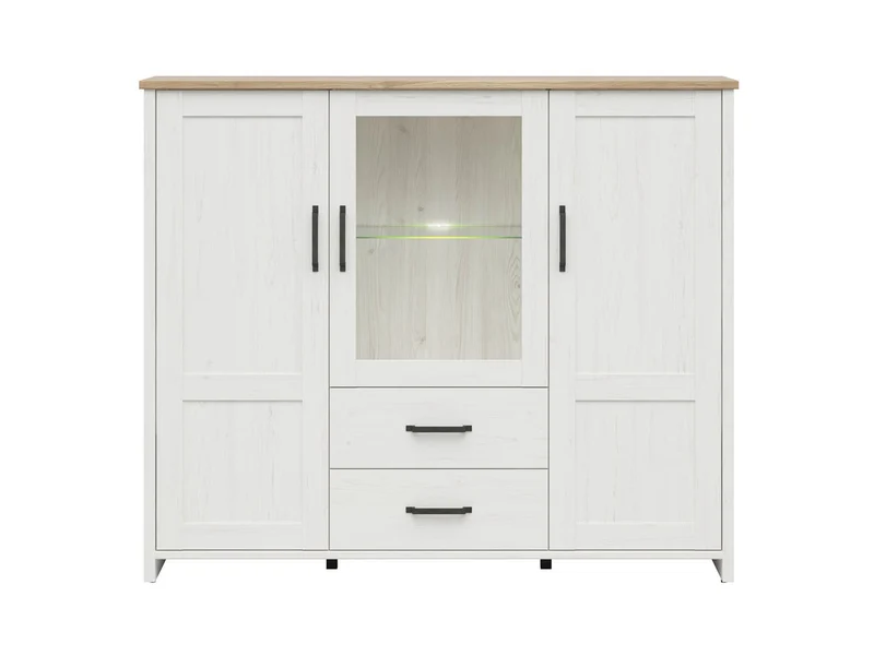 Loksa Display Cabinet 160 cm – Andersen Pine White & Grandson Oak, 2 Drawers, LED Lighting
