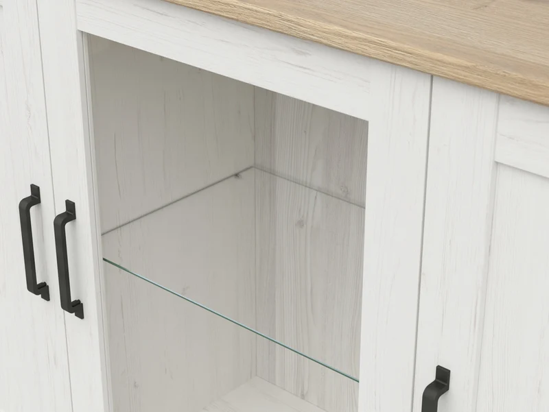 Loksa Display Cabinet 160 cm – Andersen Pine White & Grandson Oak, 2 Drawers, LED Lighting
