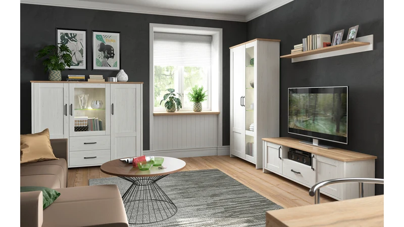 Loksa Display Cabinet 160 cm – Andersen Pine White & Grandson Oak, 2 Drawers, LED Lighting