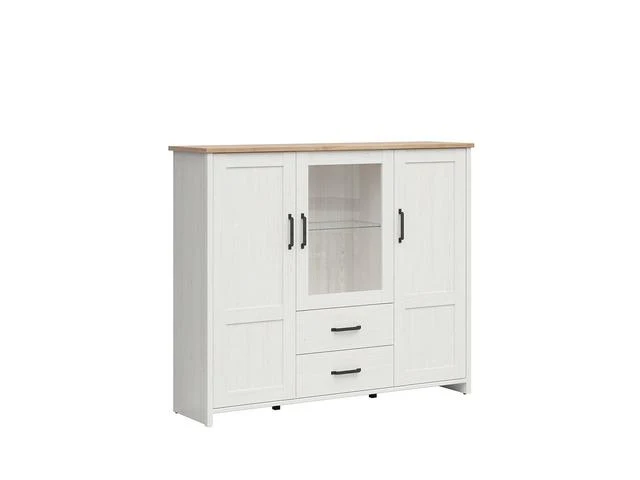 Loksa Display Cabinet 160 cm – Andersen Pine White & Grandson Oak, 2 Drawers, LED Lighting