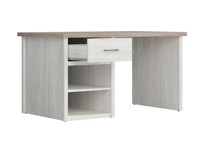 Luca Juzi Desk 141 cm – Provencal Style | Drawer, 2 Shelves & Old Iron Handles | Sibiu Larch & Dark Sonoma Oak