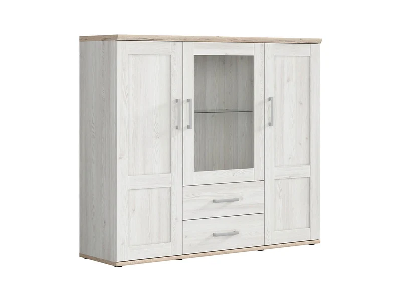 Romance Display Cabinet — Glazed Door, Glass Shelf, LED Lighting & 2 Drawers, Light Sibiu Larch & Sanremo Oak