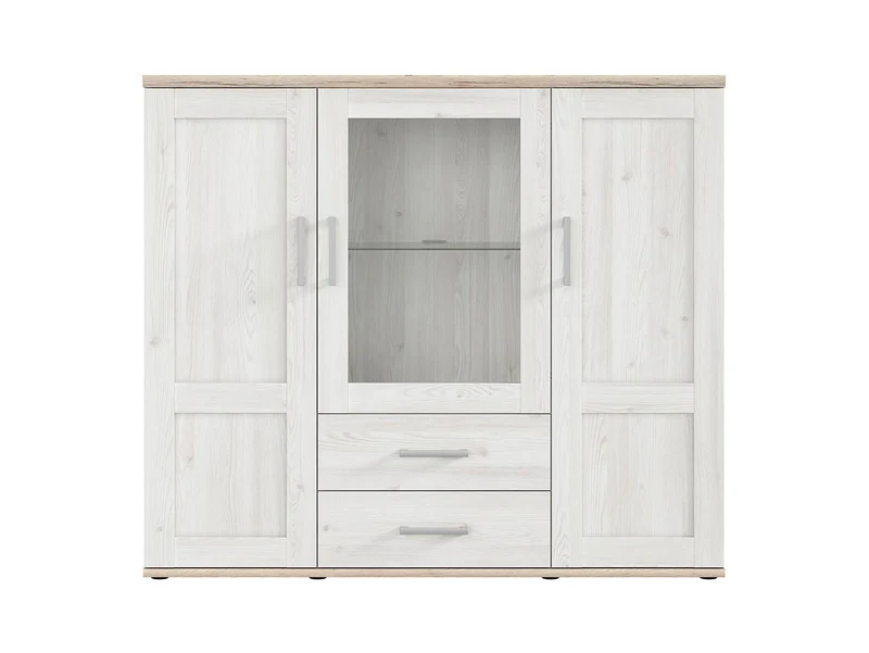 Romance Display Cabinet — Glazed Door, Glass Shelf, LED Lighting & 2 Drawers, Light Sibiu Larch & Sanremo Oak