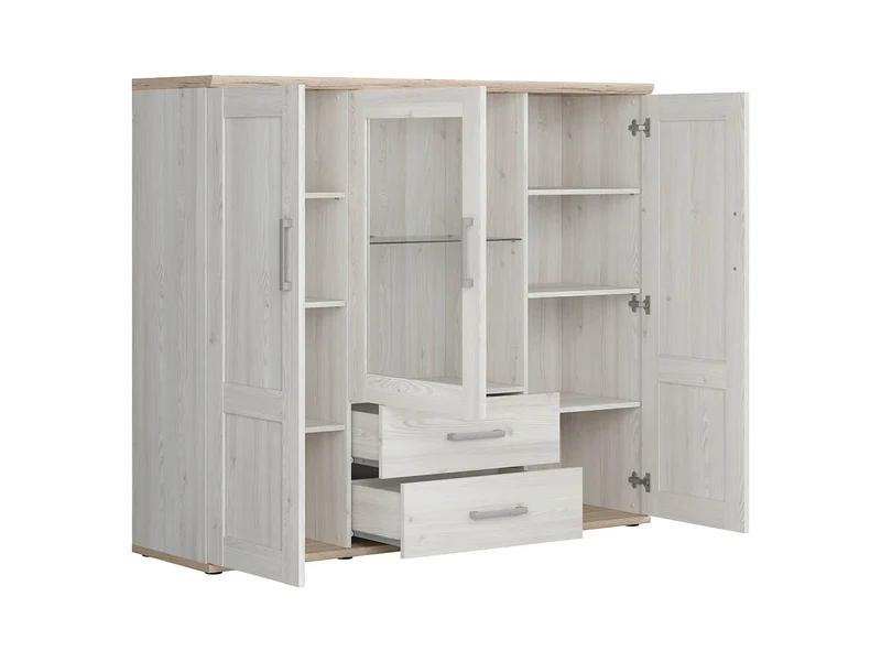 Romance Display Cabinet — Glazed Door, Glass Shelf, LED Lighting & 2 Drawers, Light Sibiu Larch & Sanremo Oak