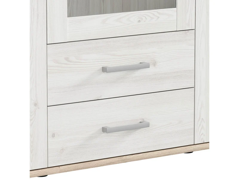 Romance Display Cabinet — Glazed Door, Glass Shelf, LED Lighting & 2 Drawers, Light Sibiu Larch & Sanremo Oak