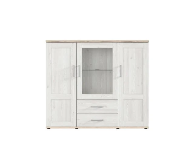 Romance Display Cabinet — Glazed Door, Glass Shelf, LED Lighting & 2 Drawers, Light Sibiu Larch & Sanremo Oak