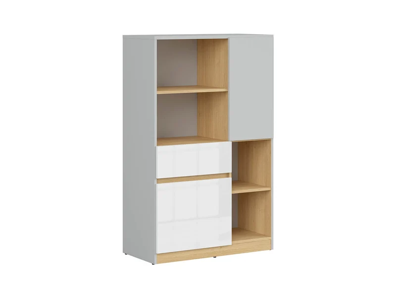 Nandu Youth Chest of Drawers — 2 Cabinets, 1 Drawer, 2 Open Shelves & Soft-Close, Light Grey & White Gloss