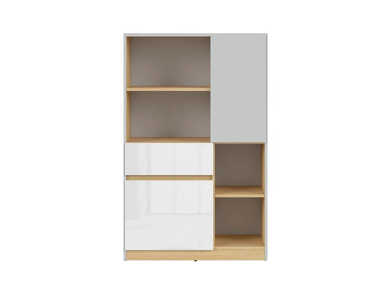 Nandu Youth Chest of Drawers — 2 Cabinets, 1 Drawer, 2 Open Shelves & Soft-Close, Light Grey & White Gloss
