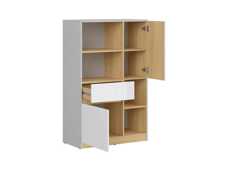 Nandu Youth Chest of Drawers — 2 Cabinets, 1 Drawer, 2 Open Shelves & Soft-Close, Light Grey & White Gloss