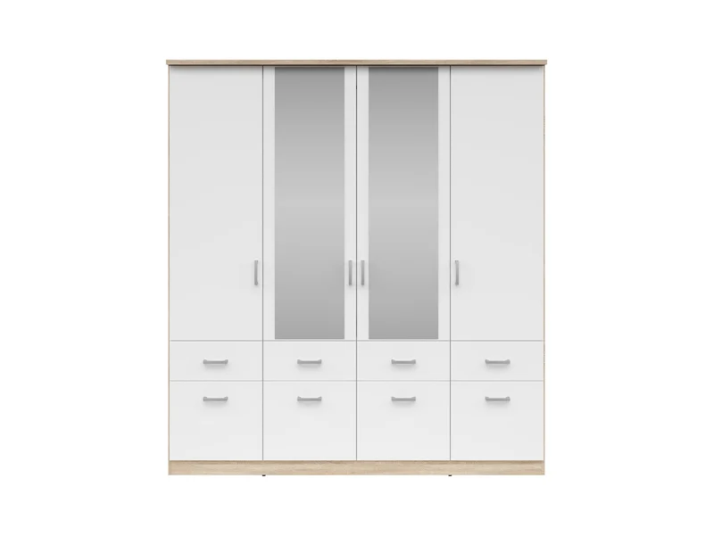 Brando 4 Wardrobe 181 cm – White Matt | Mirror Centre Doors | Hanging Rail | 8 Drawers | Shelves | Grey Textile Interior | 181×199×58 cm