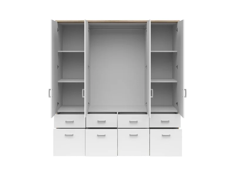 Brando 4 Wardrobe 181 cm – White Matt | Mirror Centre Doors | Hanging Rail | 8 Drawers | Shelves | Grey Textile Interior | 181×199×58 cm