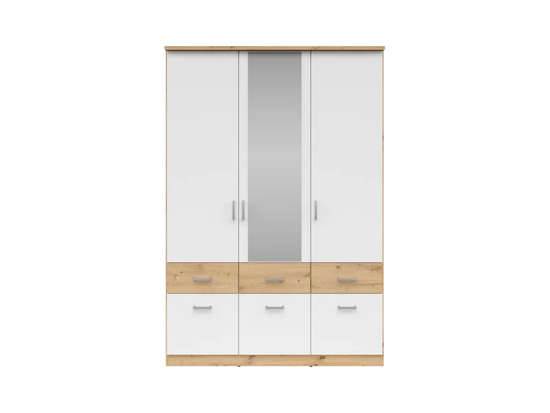 Brando 3 Wardrobe 136 cm – Artisan Oak & White | Mirror Centre Door | 2 Hanging Rails | 6 Drawers | Shelves | 136×199×58 cm