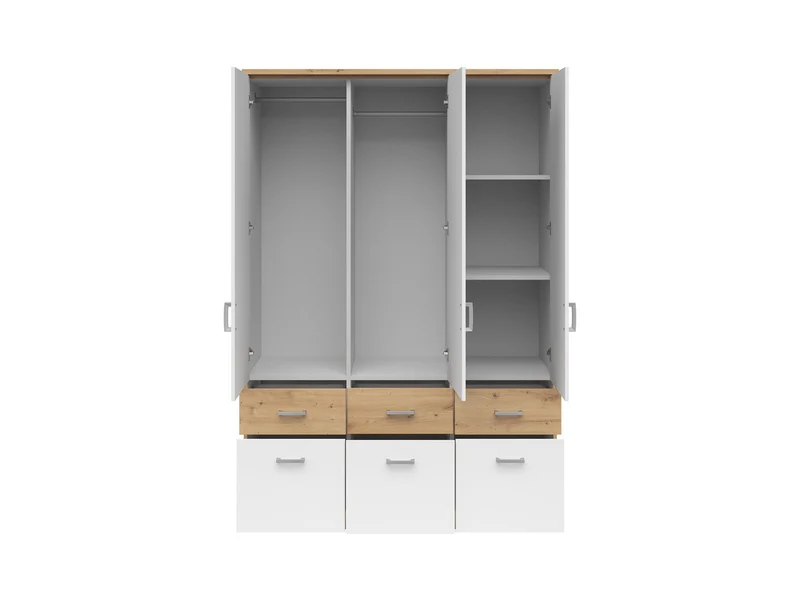 Brando 3 Wardrobe 136 cm – Artisan Oak & White | Mirror Centre Door | 2 Hanging Rails | 6 Drawers | Shelves | 136×199×58 cm