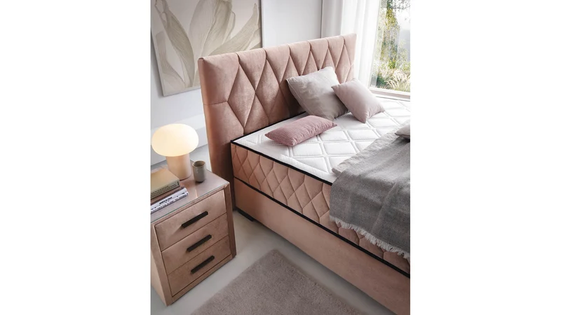 Reve Upholstered Bed 160×200 cm – Tall Headboard | Decorative Stitching | Front-Opening Storage | 2 Mattresses with Adjustable Firmness | Fresche® Cover | Mattresses Included
