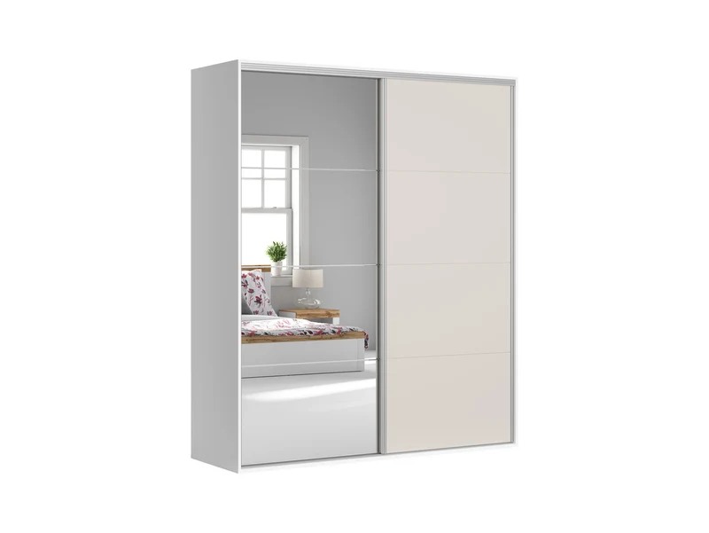 Flex Sliding Wardrobe 200 cm – White & Cashmere | Mirror Sliding Door | 10 Shelves | 2 Hanging Rails | 3 Soft-Close Drawers | Shoe Rack | Grey Canvas Interior | 200×240×66 cm