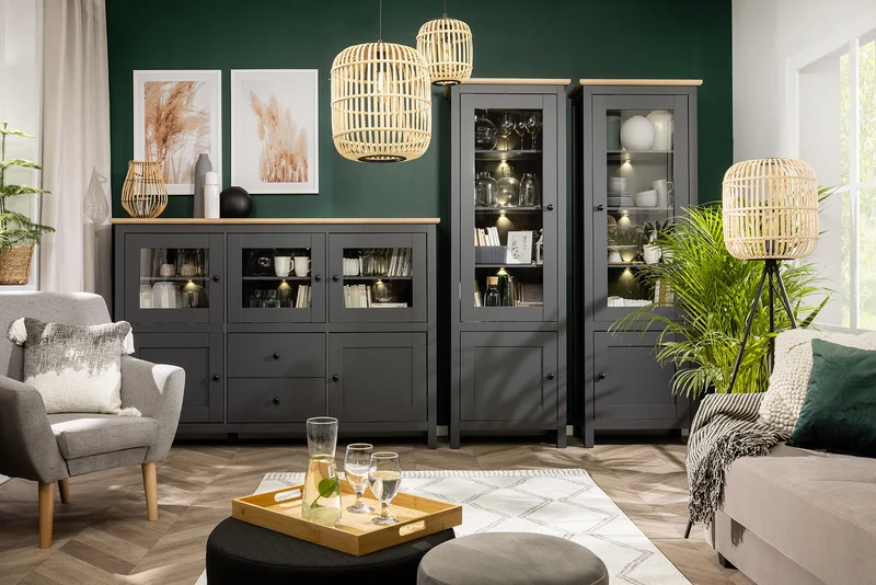 Hesen Display Cabinet 71x203 cm – LED Lighting, Glass Doors, Graphite & Artisan Oak