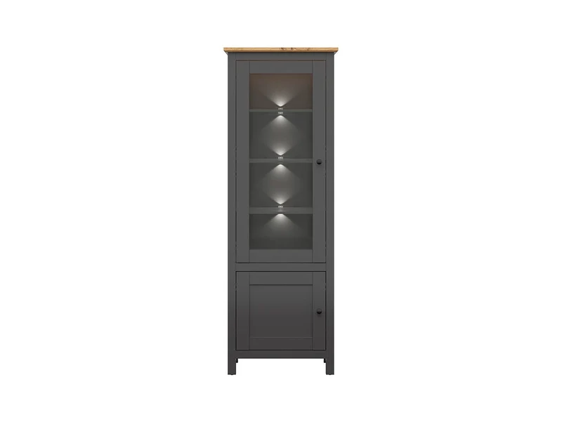 Hesen Display Cabinet 71x203 cm – LED Lighting, Glass Doors, Graphite & Artisan Oak
