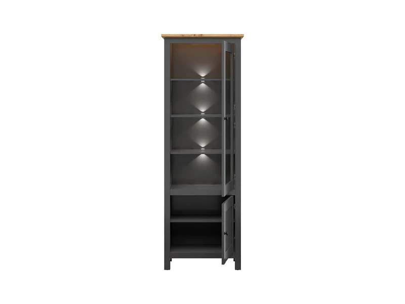 Hesen Display Cabinet 71x203 cm – LED Lighting, Glass Doors, Graphite & Artisan Oak