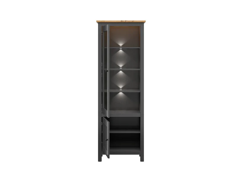 Hesen Display Cabinet 71x203 cm – LED Lighting, Glass Doors, Graphite & Artisan Oak