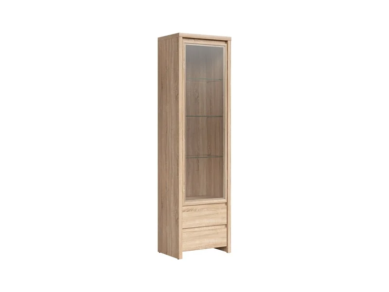 Kaspian Display Cabinet 56x200 cm – Tempered Glass Door, 2 Drawers, Sonoma Oak