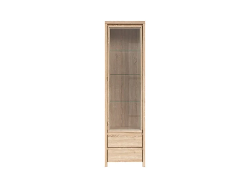 Kaspian Display Cabinet 56x200 cm – Tempered Glass Door, 2 Drawers, Sonoma Oak