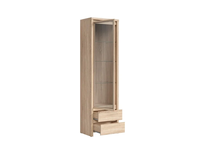 Kaspian Display Cabinet 56x200 cm – Tempered Glass Door, 2 Drawers, Sonoma Oak