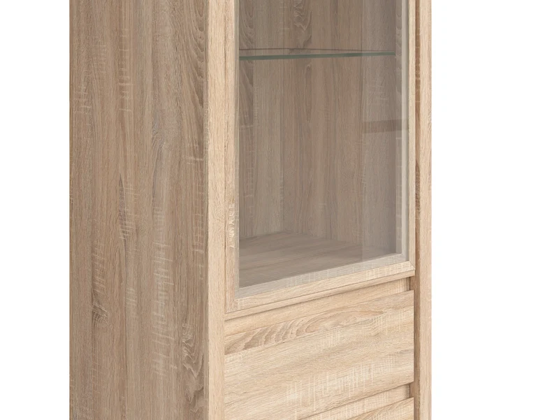 Kaspian Display Cabinet 56x200 cm – Tempered Glass Door, 2 Drawers, Sonoma Oak