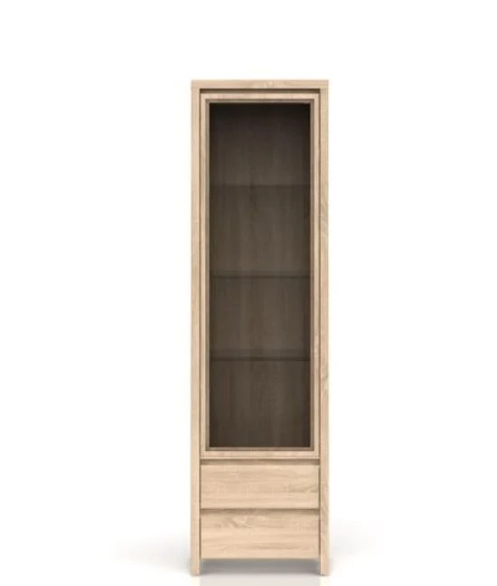 Kaspian Display Cabinet 56x200 cm – Tempered Glass Door, 2 Drawers, Sonoma Oak