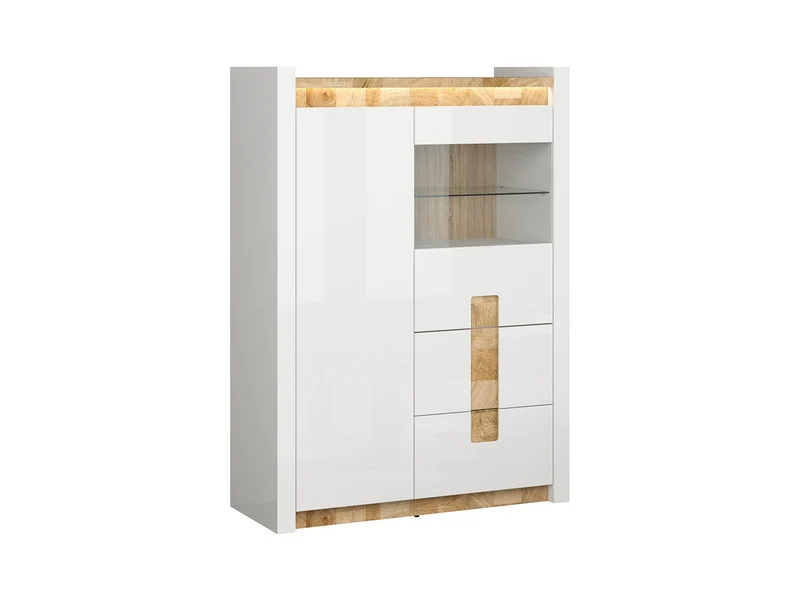 Alameda Display Cabinet 102x141 cm – LED, Glass Doors, 2 Drawers, White Gloss & Oak