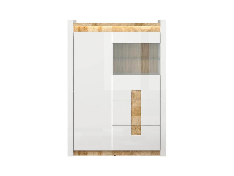 Alameda Display Cabinet 102x141 cm – LED, Glass Doors, 2 Drawers, White Gloss & Oak