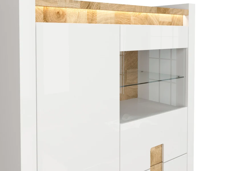 Alameda Display Cabinet 102x141 cm – LED, Glass Doors, 2 Drawers, White Gloss & Oak