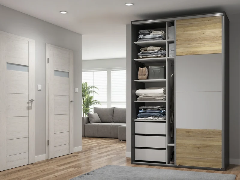 Flex Sliding Wardrobe 150x240 cm – Graphite & Mauvella Oak, Mirror, 5 Shelves, 3 Drawers