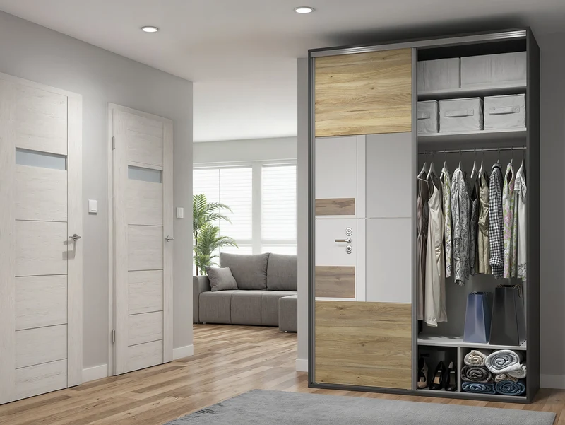 Flex Sliding Wardrobe 150x240 cm – Graphite & Mauvella Oak, Mirror, 5 Shelves, 3 Drawers