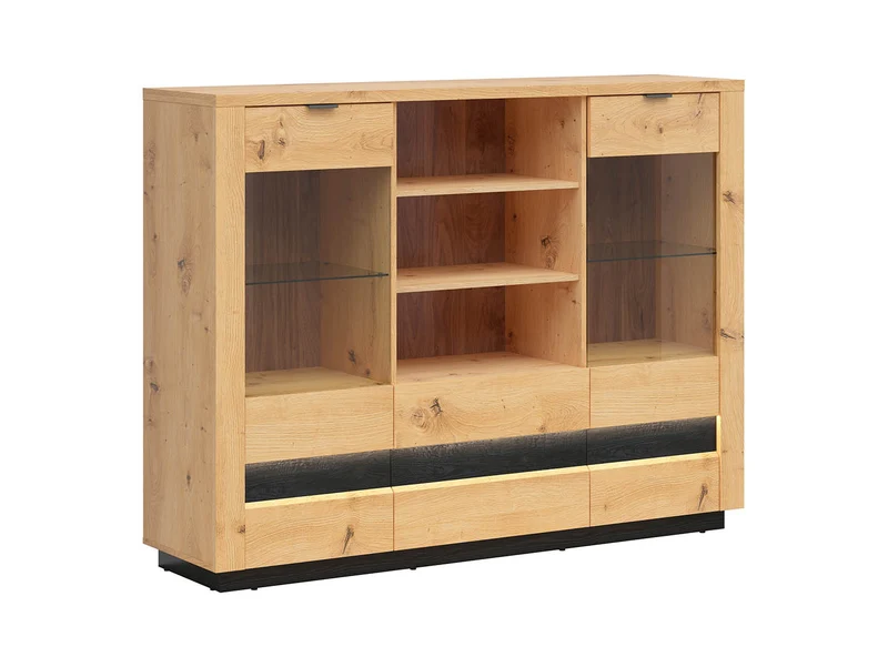Ostia Sideboard 161 cm – Glazed Doors, 2 Drawers, Open Shelves & LED Strip | Artisan Oak & Black
