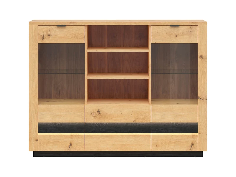 Ostia Sideboard 161 cm – Glazed Doors, 2 Drawers, Open Shelves & LED Strip | Artisan Oak & Black