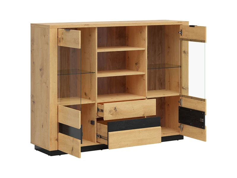 Ostia Sideboard 161 cm – Glazed Doors, 2 Drawers, Open Shelves & LED Strip | Artisan Oak & Black