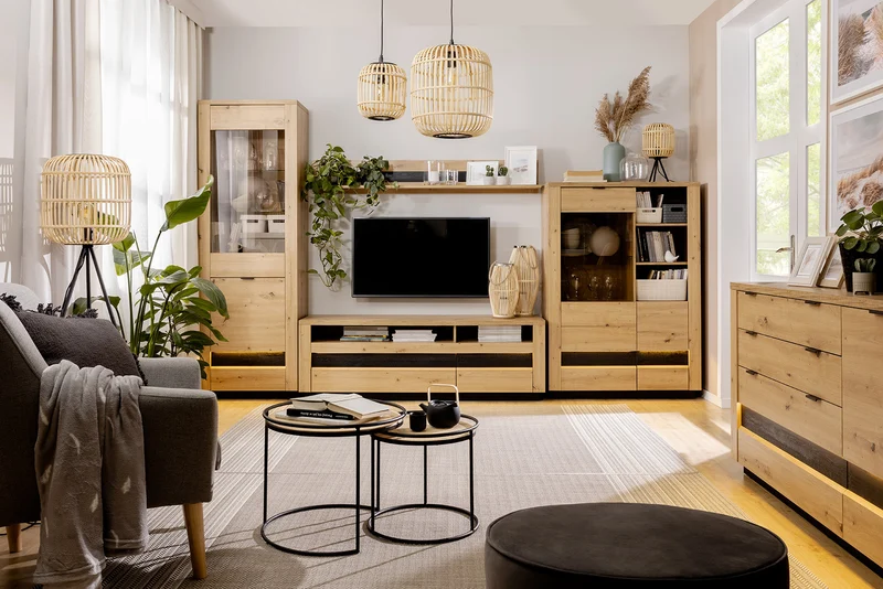 Ostia Sideboard 161 cm – Glazed Doors, 2 Drawers, Open Shelves & LED Strip | Artisan Oak & Black