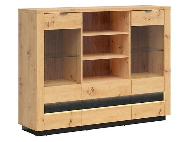 Ostia Sideboard 161 cm – Glazed Doors, 2 Drawers, Open Shelves & LED Strip | Artisan Oak & Black