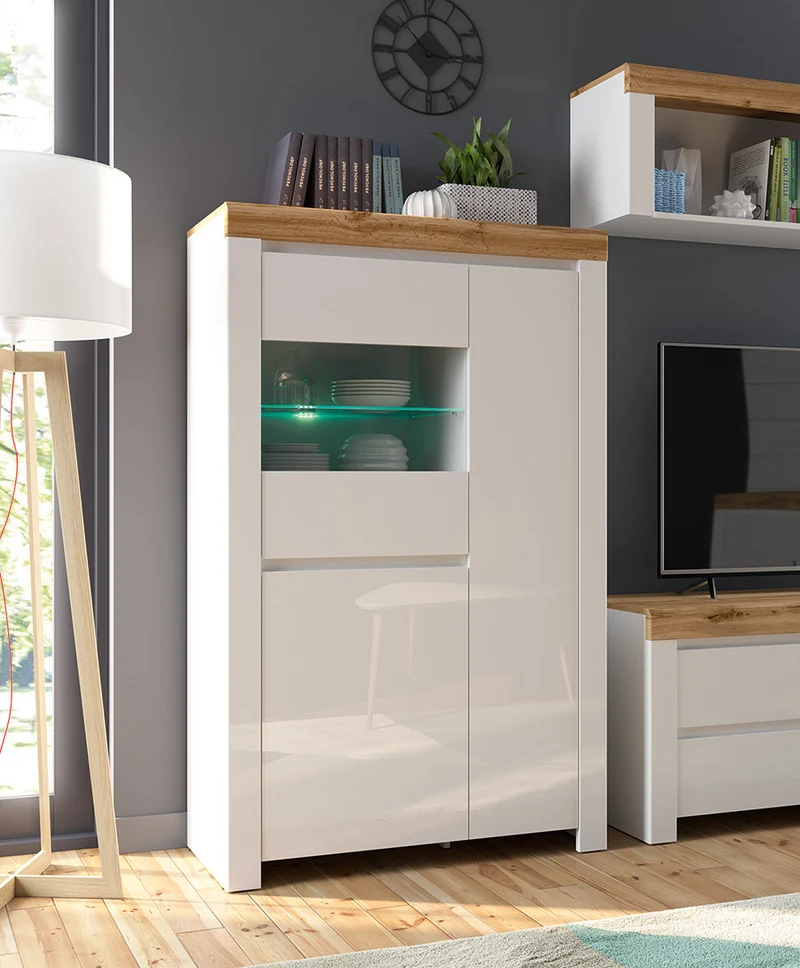 Holten Display Cabinet 98 cm – White / Wotan Oak / White Gloss | 2 Cabinets, Glass Door & LED Option