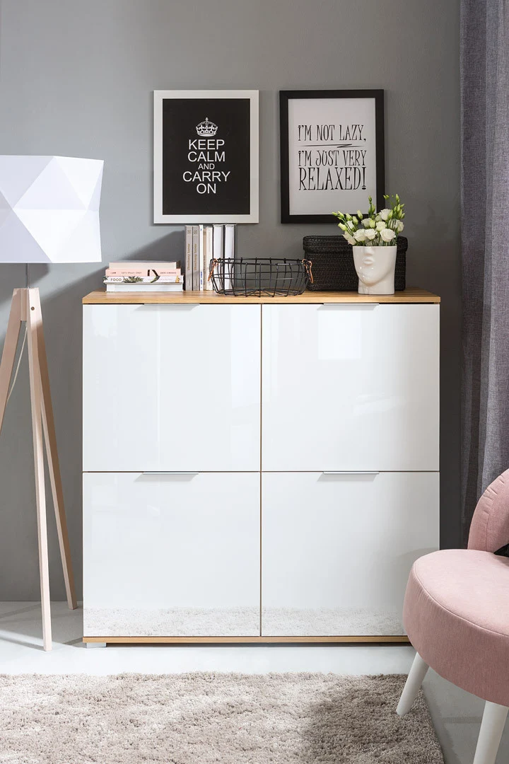 Zele 4-Door Storage Cabinet — Removable Shelves, Integrated Handles, Wotan Oak & White Gloss