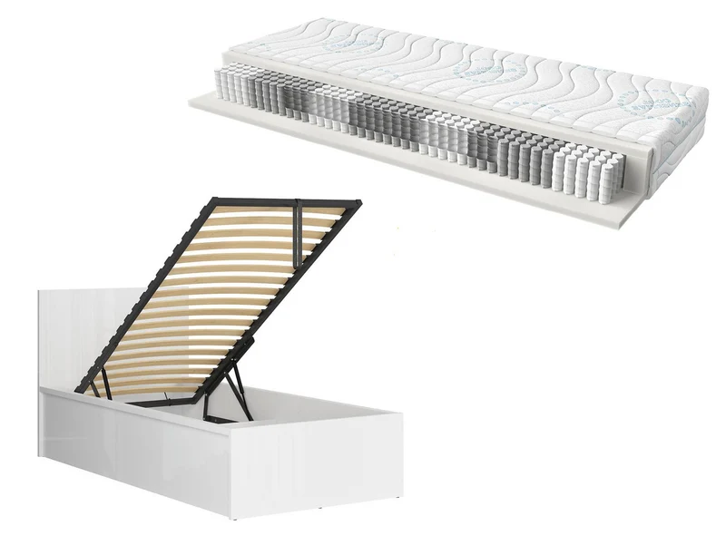 Tetrix Single Bed Set 90 — Storage Base, Tall Headboard & Merida Pocket Spring Mattress, White Gloss
