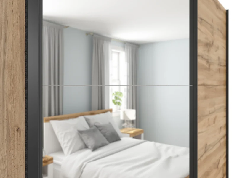Tetrix Sliding Door Wardrobe 183cm — 1 Mirror Door, 2 Rails, 5 Shelves & Removable Inserts, Wotan Oak
