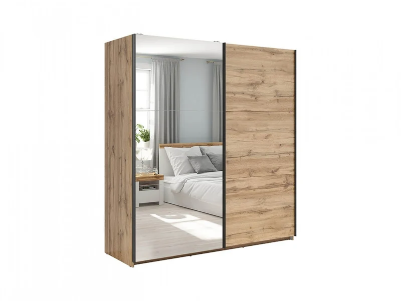 Tetrix Sliding Door Wardrobe 183cm — 1 Mirror Door, 2 Rails, 5 Shelves & Removable Inserts, Wotan Oak