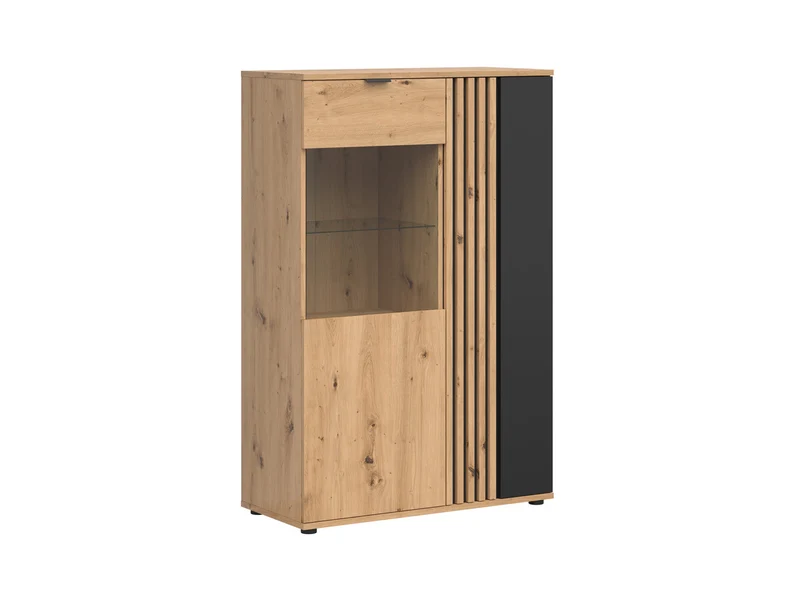 Vabres Display Cabinet — MDF Slat Fronts, 6 Hidden Compartments & 2 Glazed Shelves, Artisan Oak & Black