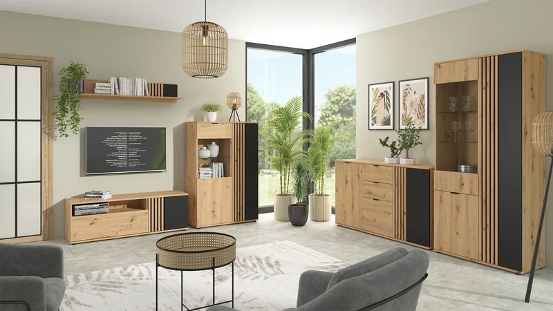 Vabres Display Cabinet — MDF Slat Fronts, 6 Hidden Compartments & 2 Glazed Shelves, Artisan Oak & Black