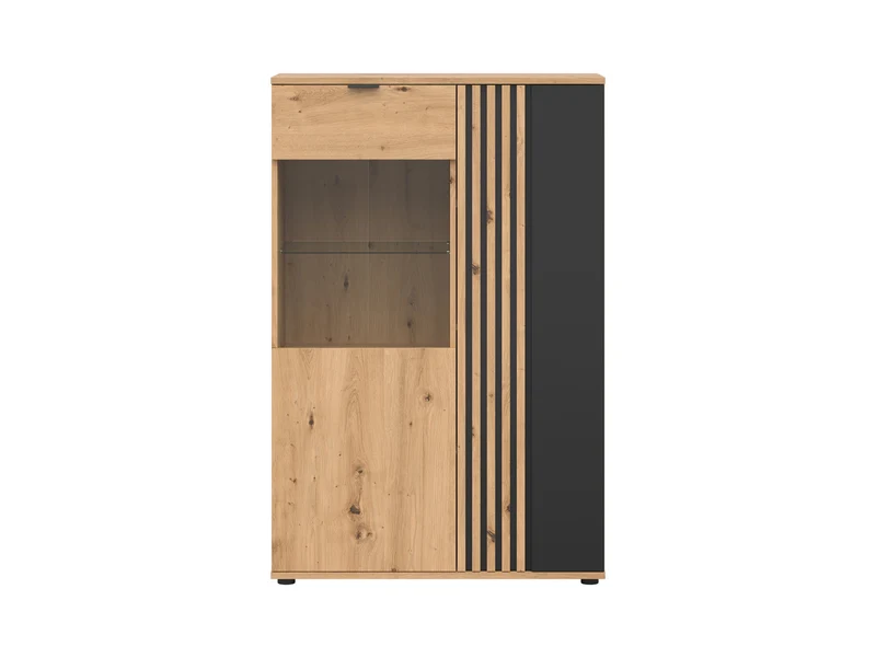 Vabres Display Cabinet — MDF Slat Fronts, 6 Hidden Compartments & 2 Glazed Shelves, Artisan Oak & Black