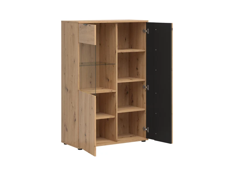 Vabres Display Cabinet — MDF Slat Fronts, 6 Hidden Compartments & 2 Glazed Shelves, Artisan Oak & Black