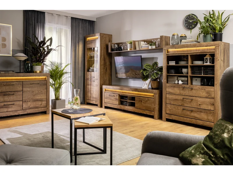 Torin Chest of Drawers 180cm — 2 Cabinets, 3 Drawers, LED Lighting & Ribbed Rail, Brown Ribbeck Oak